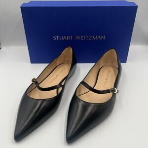 Stuart Weitzman Mary Jane Flats Shoes Emilia Pointed Toe Leather Black Size 9 B
